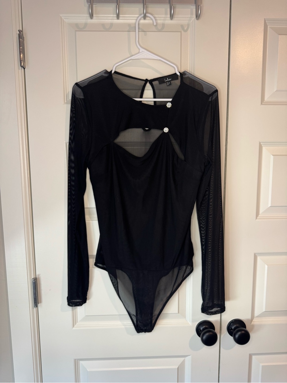 Lulu's Black Mesh Cutout Long-Sleeve One-Piece Bodysuit